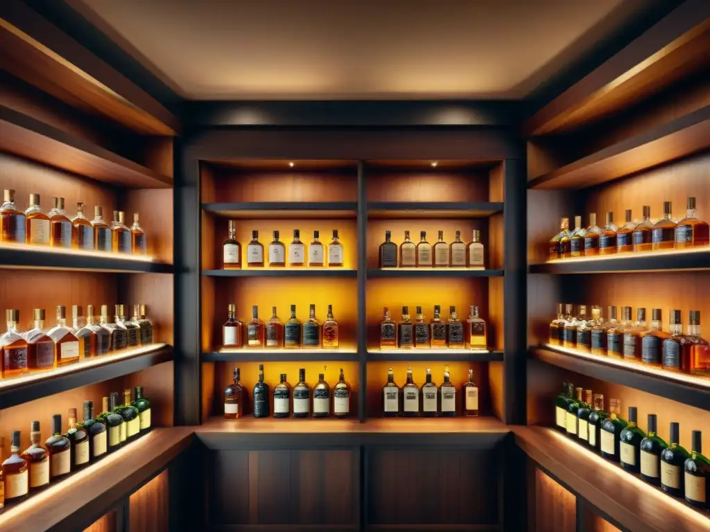 Una bodega de whisky escocés iluminada, lleno de botellas exclusivas