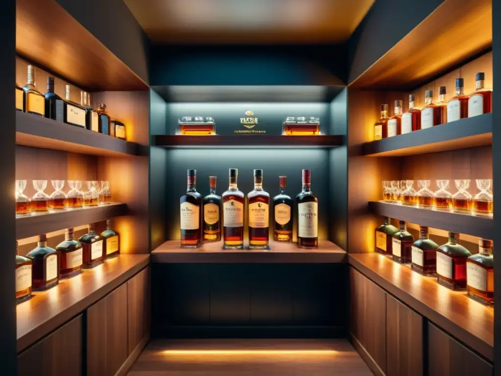 Una bodega de whisky exclusiva y detallada, iluminada suavemente, con botellas de whisky y bourbon ediciones limitadas