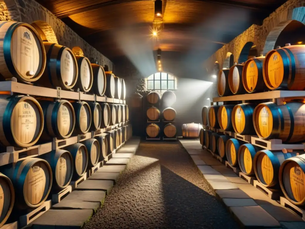 Una bodega de whisky iluminada tenuemente con barriles de madera de prestigiosas destilerías escocesas