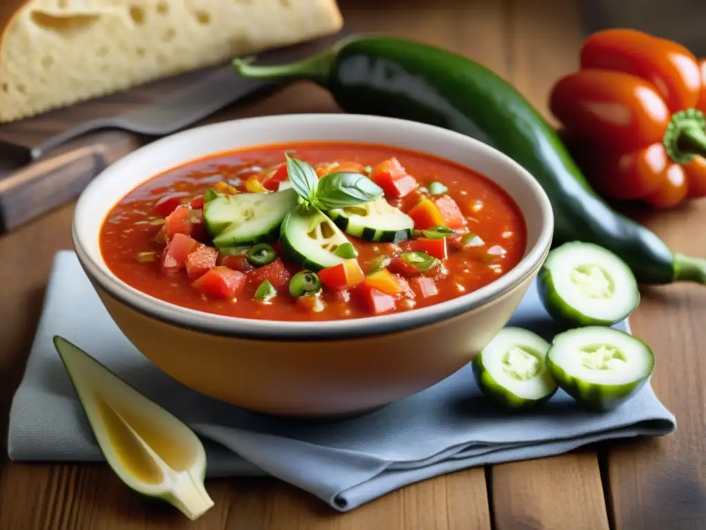 Un bol de Gazpacho Andaluz vibrante, fresco y colorido en una mesa rústica de madera