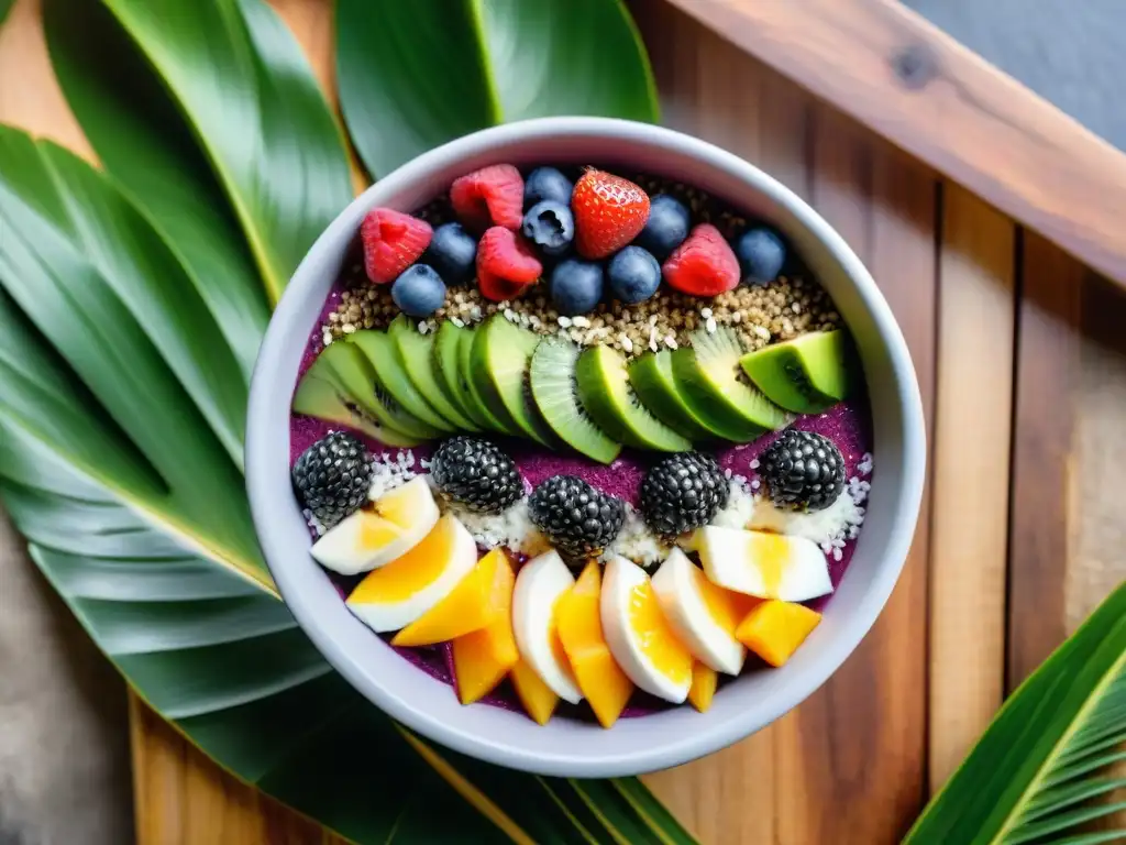 Un bol de açai vibrante con bayas frescas, semillas de chía y miel, sobre hojas de palma y frutas tropicales