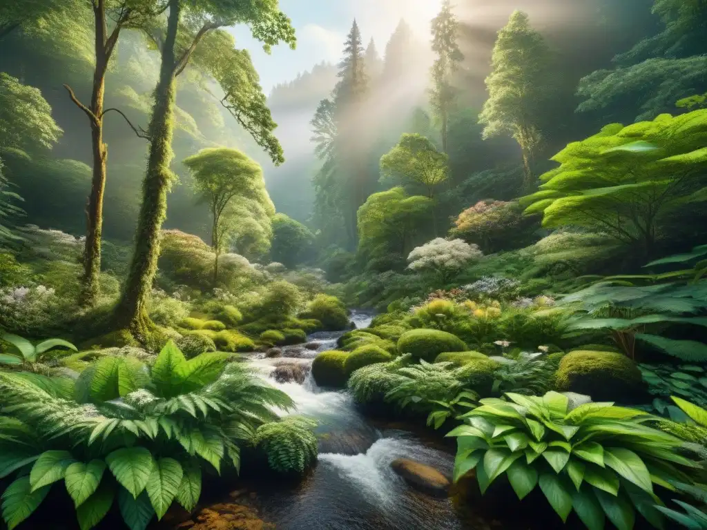 Un bosque exuberante y vibrante, con un arroyo cristalino y diversa flora y fauna, transmite armonía y equilibrio en la naturaleza