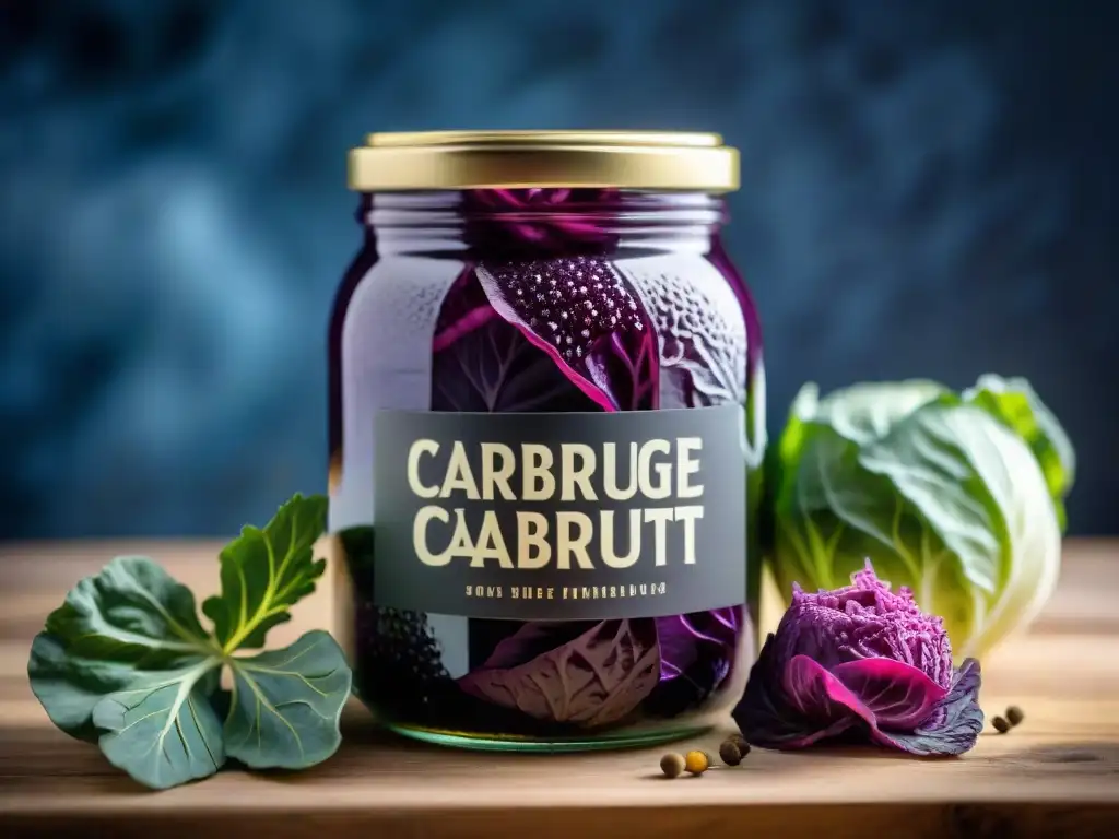 Un bote de cristal con repollo morado en salmuera, especias y peso de fermentación, ideal para mejorar la fermentación casera del mejor chucrut