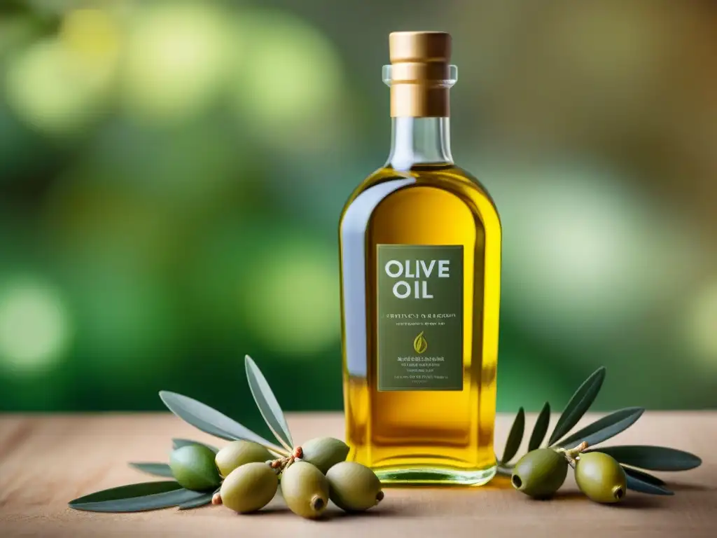 Botella de aceite de oliva gourmet exclusivo con hojas verdes, reflejos de luz y diseño elegante