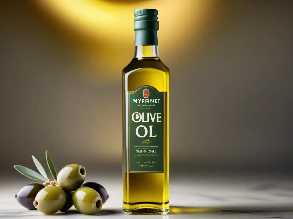 Botella de aceite de oliva gourmet en elegante diseño sobre encimera de mármol