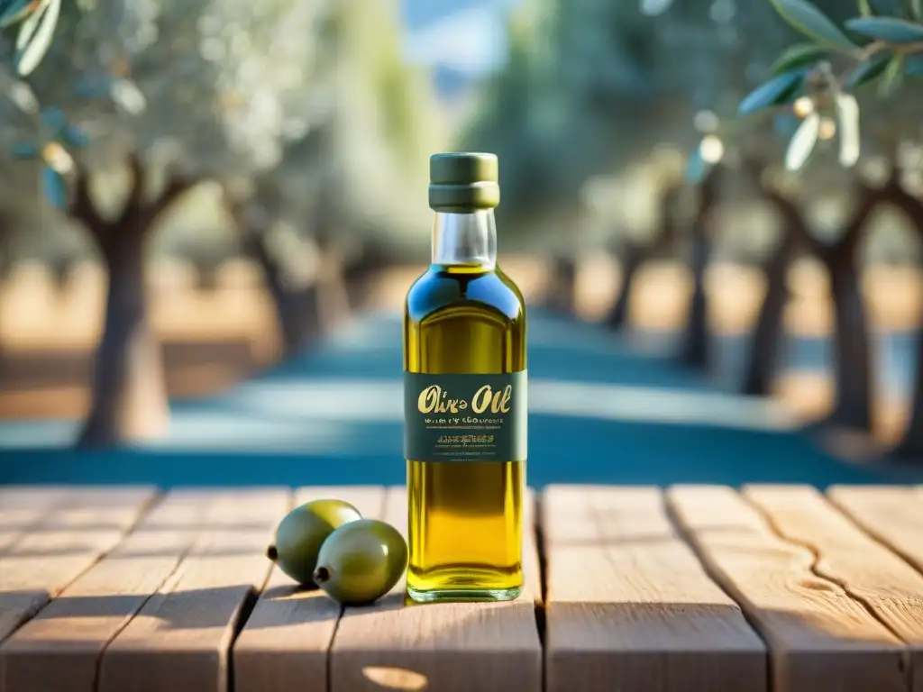 Botella de vidrio con aceite de oliva gourmet premium sobre mesa rústica, bañada por luz cálida en un ambiente mediterráneo