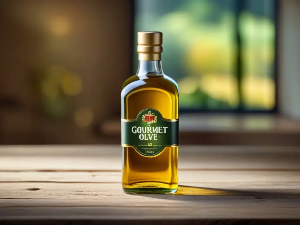 Botella de vidrio elegante con aceite de oliva dorado premium en mesa rústica