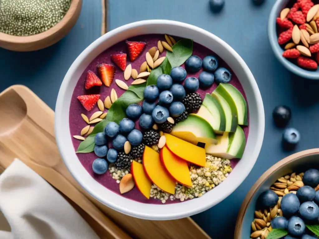 Bowl gourmet de superfoods con beneficios saludables: semillas chía, bayas goji, arándanos y almendras en armonioso y colorido diseño
