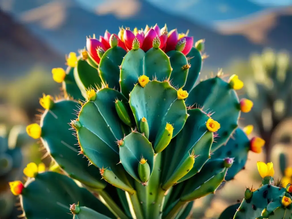 Brillante nopal cargado de jugosas tunas bajo el sol del desierto, mostrando la belleza natural y el sabor crujiente