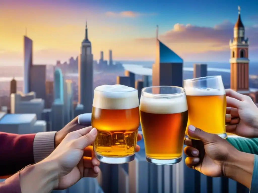 Un brindis global: personas de diversas culturas celebran con cerveza artesanal en una ciudad al atardecer