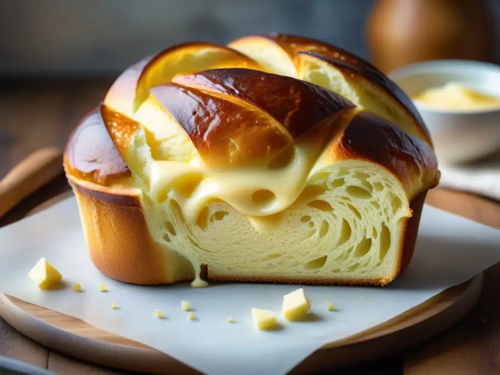 Un brioche recién horneado y dorado, con mantequilla, en una tabla de madera