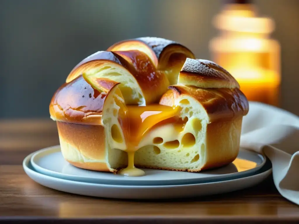 Un brioche recién horneado sobre una mesa rústica, con mantequilla derritiéndose