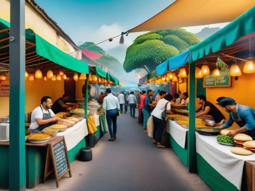Una bulliciosa calle de América Latina con coloridos puestos de comida callejera vegana y clientes disfrutando de tacos, arepas y empanadas