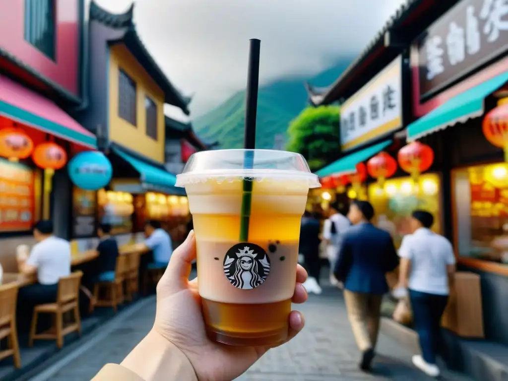 Una bulliciosa calle de Taiwán llena de tiendas de bubble tea, reflejando la obsesión mundial por esta bebida