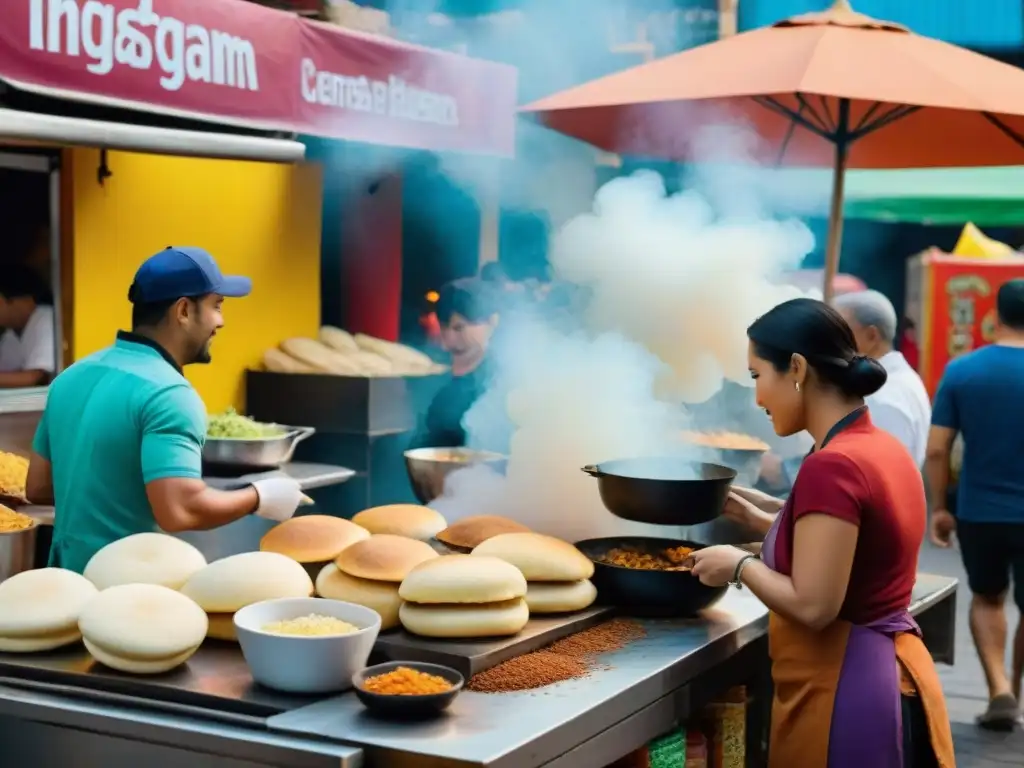 Una bulliciosa feria gastronómica latinoamericana con platos callejeros latinos gourmet, chefs preparando delicias y colores vibrantes