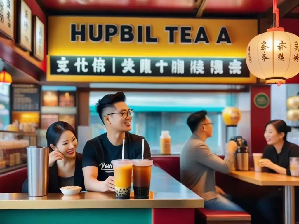 Una bulliciosa tienda de bubble tea en Taiwán, con clientes de todas las edades disfrutando de los variados sabores de la icónica bebida