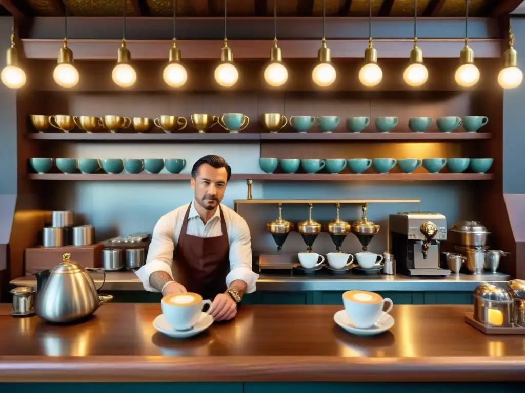 Un bullicioso café del siglo XVII con elegantes clientes, decoración elaborada y aroma a café en la Edad de Oro del Café