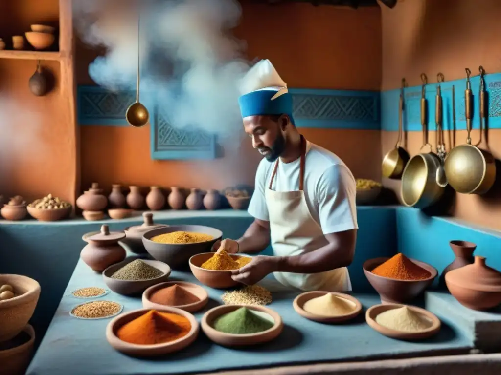 Un bullicioso cocina nubia antigua, con chefs preparando platos tradicionales y utensilios auténticos