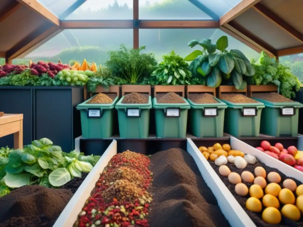 Un bullicioso cocinero compostando en una cocina comunitaria, con señalización de sostenibilidad y un jardín creciendo al fondo