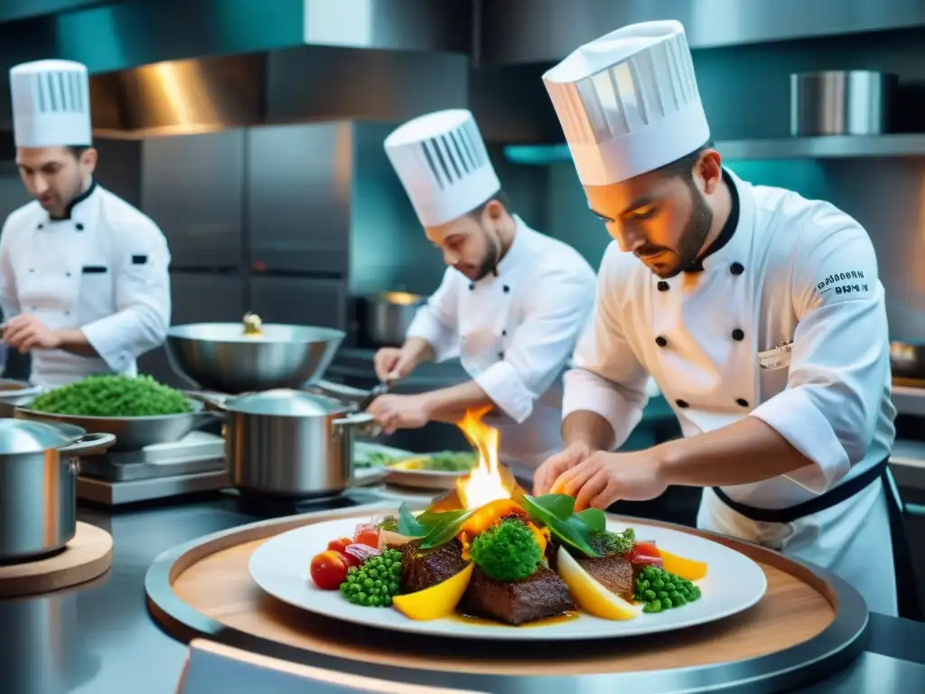 Un bullicioso y detallado restaurante moderno con chefs utilizando ingredientes tradicionales en contextos innovadores