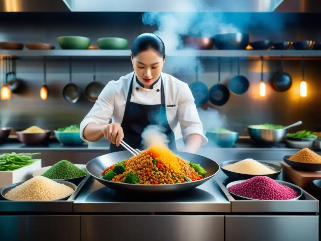 Un bullicioso y detallado retrato de una cocina asiática tradicional, donde un chef experto prepara diversos platos de arroz con precisión