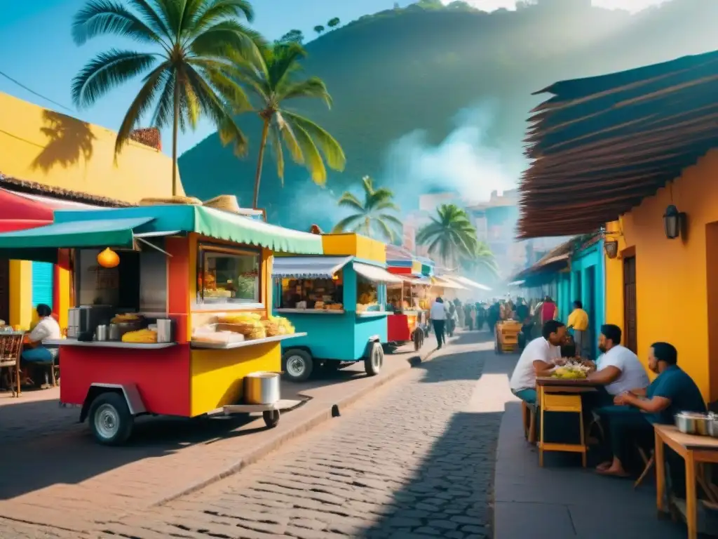 Un bullicioso escenario callejero en una ciudad latinoamericana, con vibrantes puestos de comida y gente diversa disfrutando de la animada atmósfera