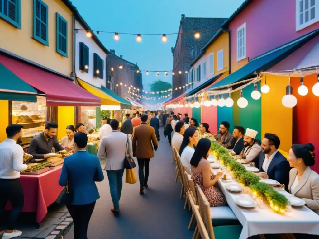 Un bullicioso evento de cenas PopUp en un barrio gourmet, con puestos de comida coloridos y una multitud diversa disfrutando