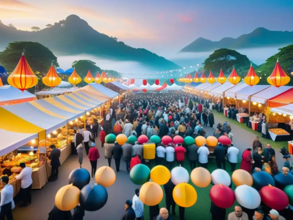 Un bullicioso festival de comida gourmet con puestos coloridos y una atmósfera vibrante