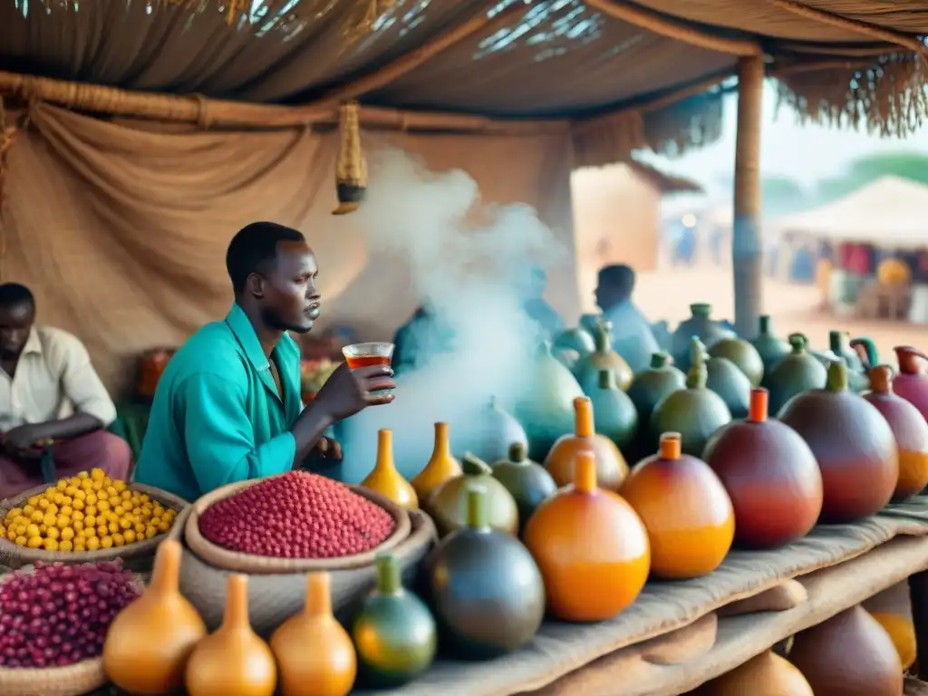 Un bullicioso mercado africano con bebidas tradicionales africanas gourmet en calabazas decoradas, bajo el cálido sol