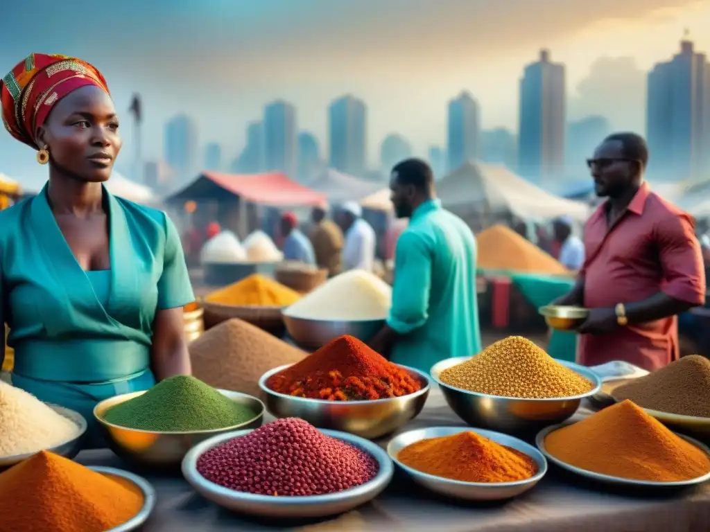 Un bullicioso mercado africano lleno de colores vibrantes y puestos con ingredientes tradicionales