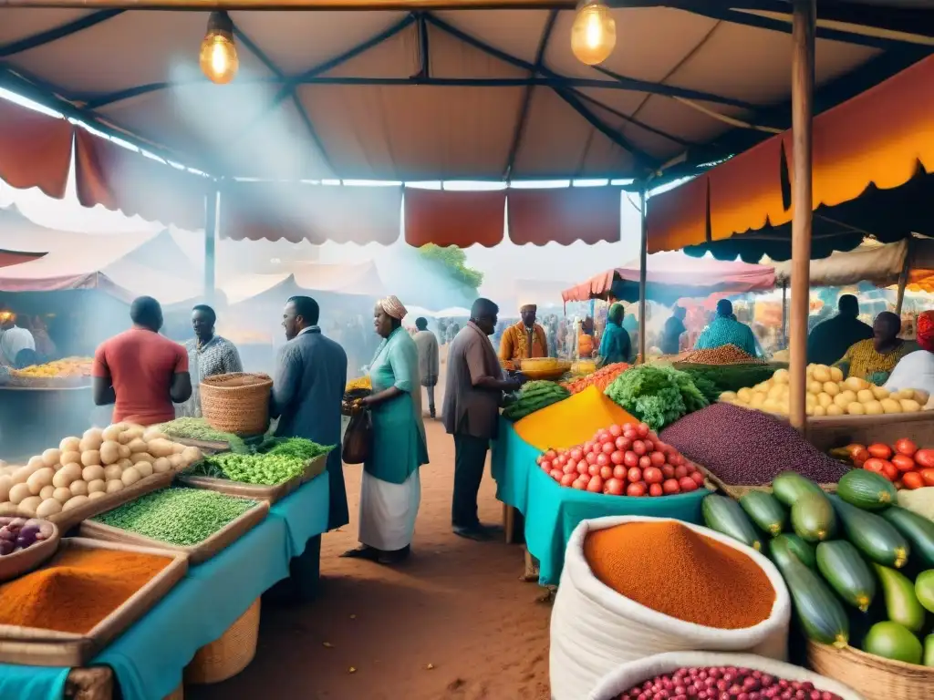 Un bullicioso mercado africano lleno de coloridos puestos de comida y gente diversa, destacando la fusión culinaria y étnica