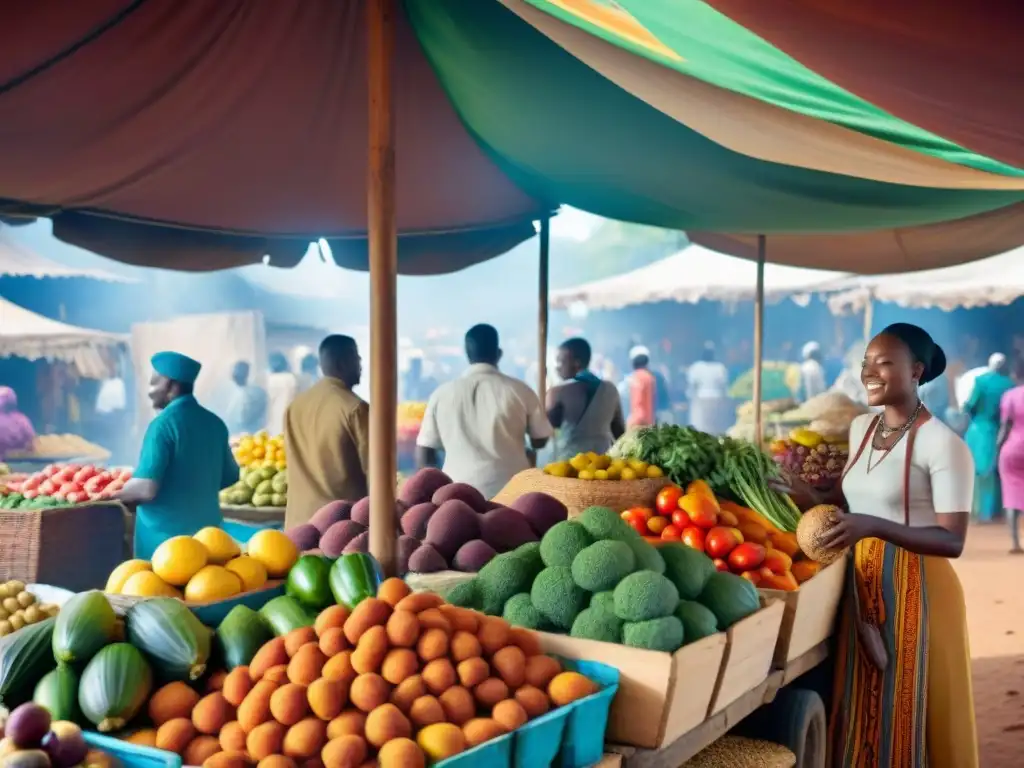 Un bullicioso mercado africano lleno de coloridos puestos de frutas, verduras y especias