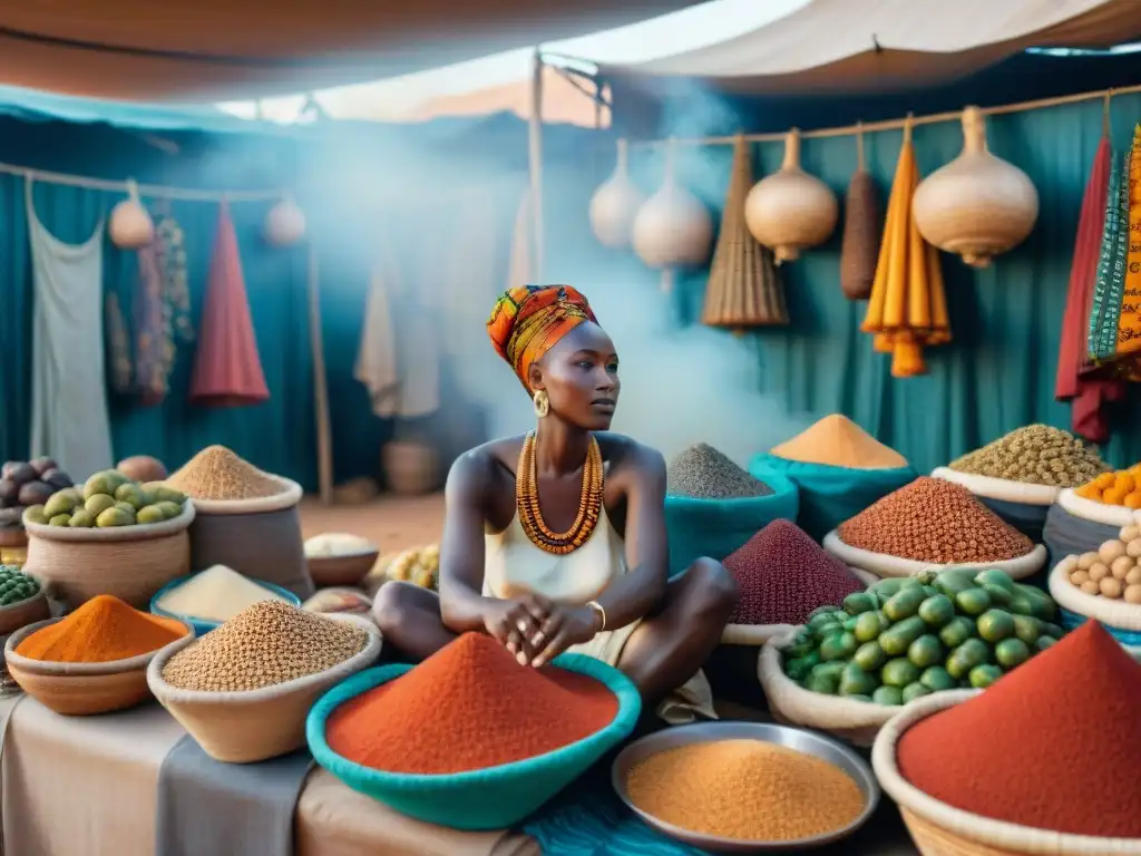 Un bullicioso mercado africano rebosante de sabores secretos, colores vibrantes y cultura culinaria auténtica