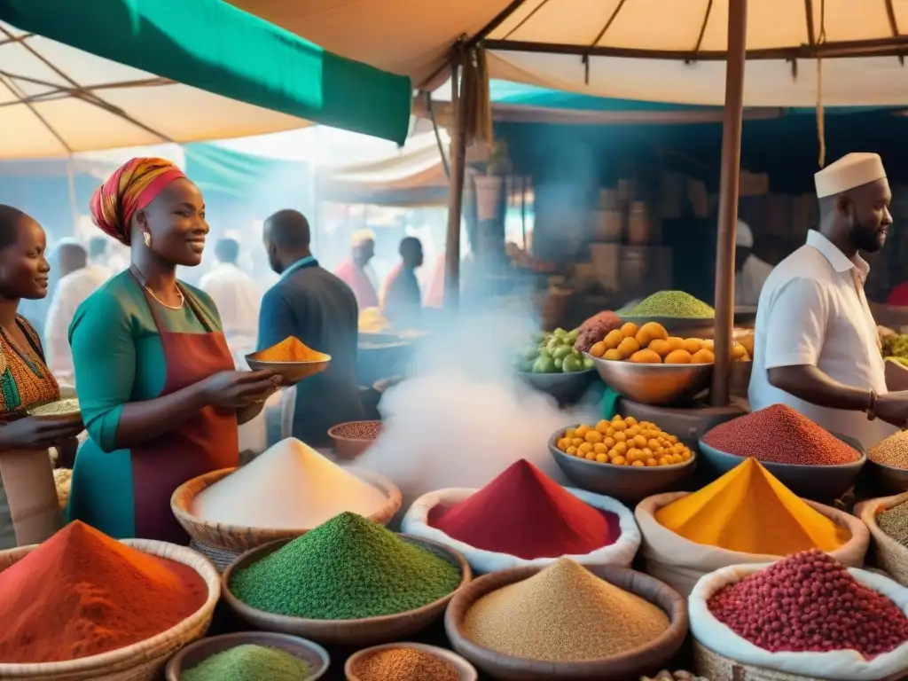 Un bullicioso mercado africano rebosante de sabores y colores, donde la gastronomía africana revela sus secretos