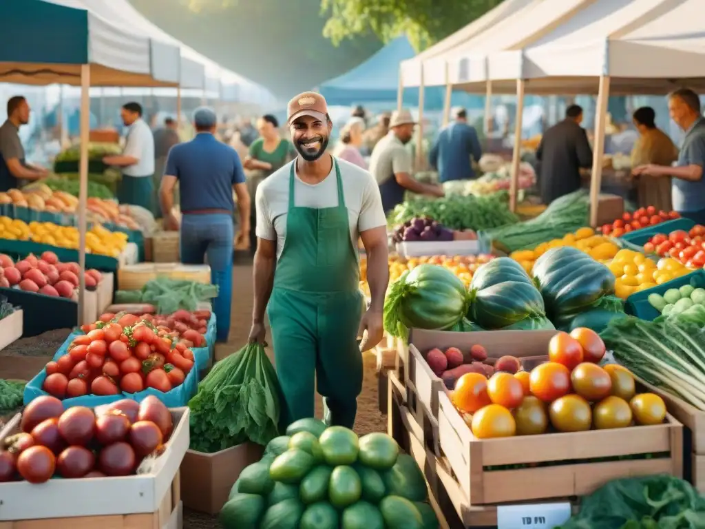 Mercado agrícola vibrante: frescura y comunidad Un bullicioso mercado de agricultores en un día soleado, mostrando ingredientes orgánicos frescos y coloridos