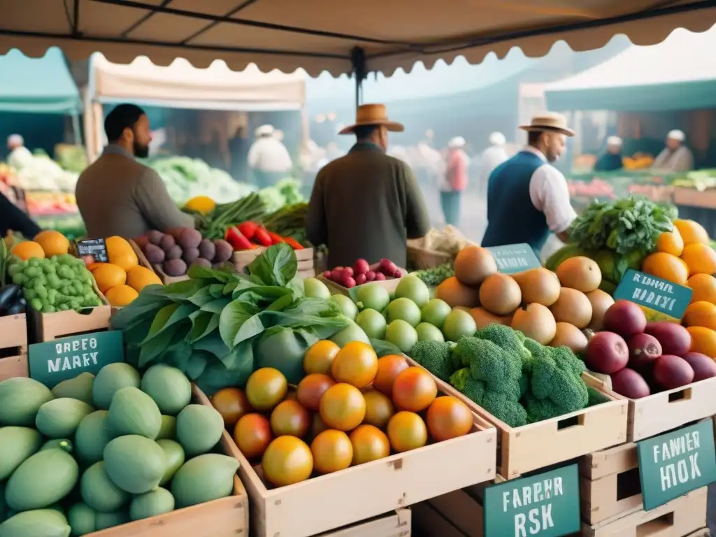 Un bullicioso mercado de agricultores rebosante de coloridos puestos con frutas, verduras y hierbas frescas