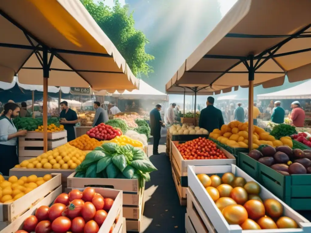 Un bullicioso mercado de agricultores rebosante de ingredientes frescos exclusivos y coloridos, bañado por la cálida luz dorada del sol