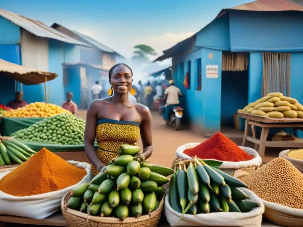 Un bullicioso mercado al aire libre en África Occidental, con colores vibrantes y vendedores locales en trajes tradicionales