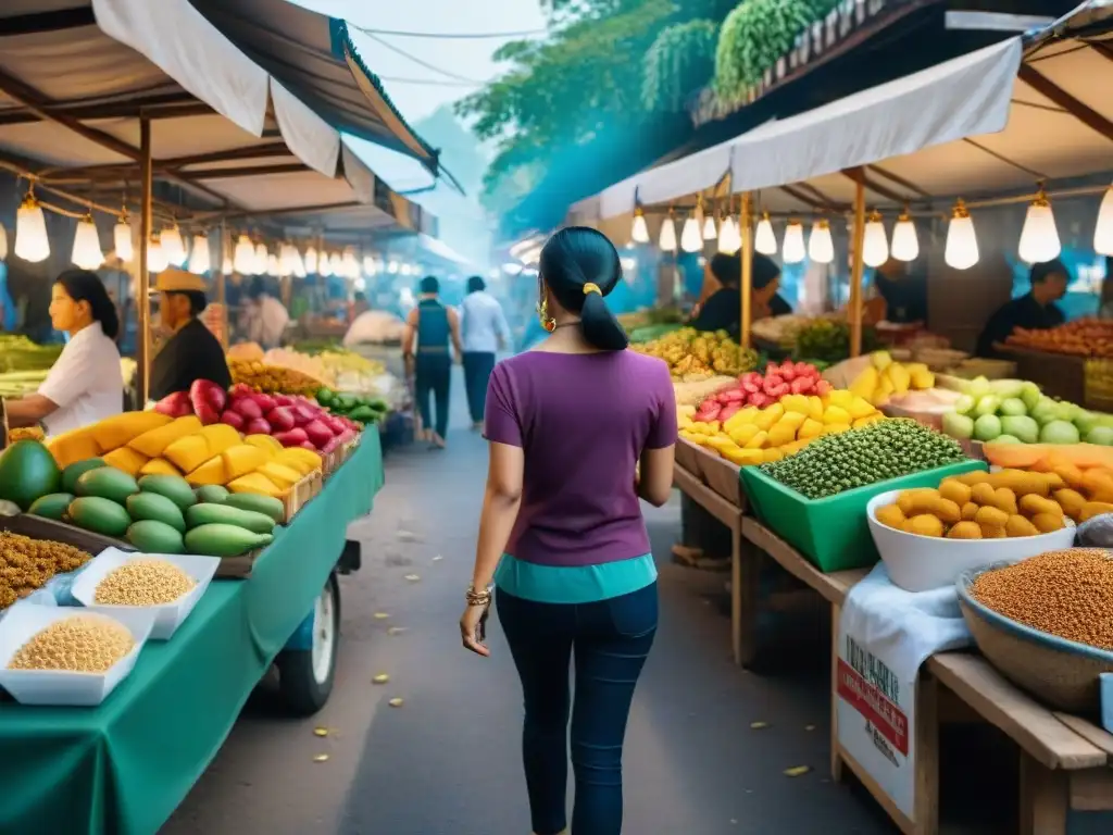 Explora un bullicioso mercado de alimentos en Tailandia con frutas exóticas y especias coloridas, vendedores preparando delicias tradicionales