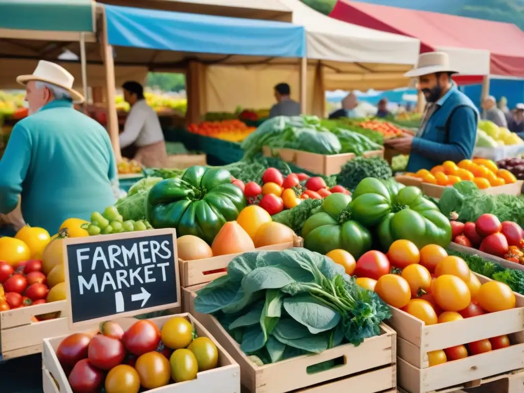 Un bullicioso mercado de alimentos orgánicos, lleno de coloridas frutas y verduras frescas bajo la cálida luz matutina