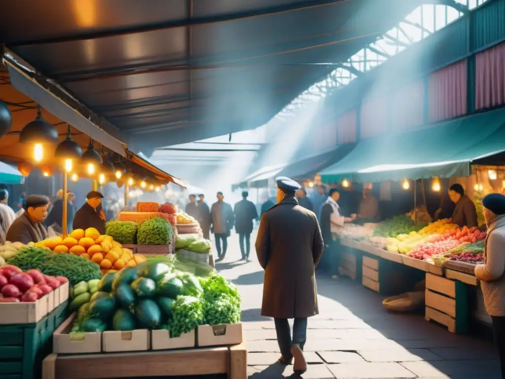 Un bullicioso mercado de alimentos con productos frescos, especias y comida callejera