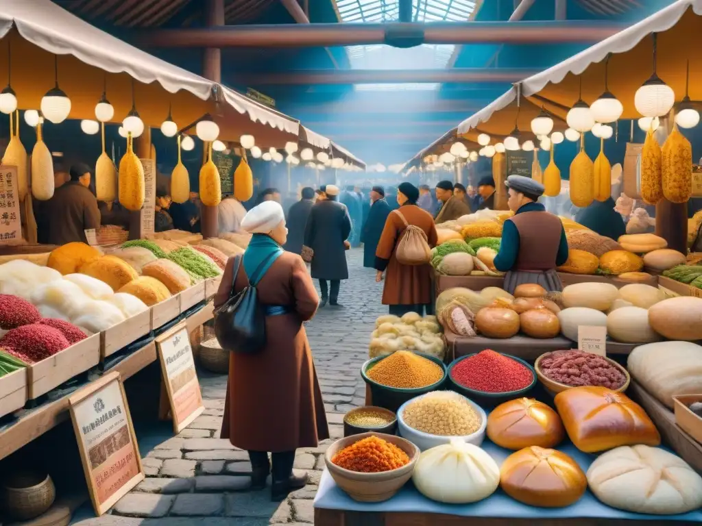 Un bullicioso mercado antiguo lleno de puestos variados de alimentos fermentados, con colores vibrantes y figuras históricas