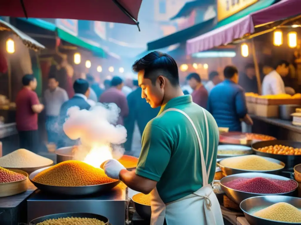 Un bullicioso mercado callejero asiático lleno de coloridos puestos que ofrecen una variedad de postres callejeros deliciosos