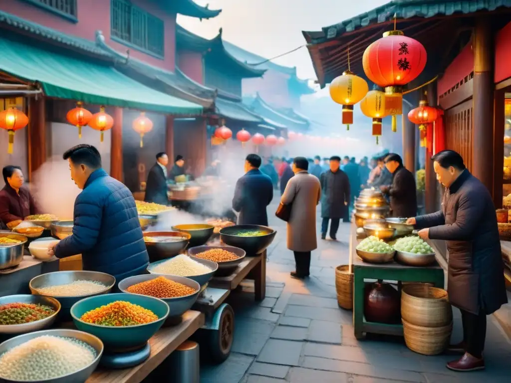 Un bullicioso mercado callejero de China con locales disfrutando de Congee callejero alrededor de coloridos puestos de comida