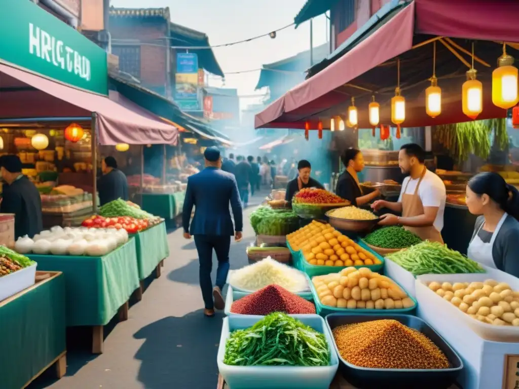 Bullicioso mercado callejero de comida asiática vegetariana con platos coloridos y exóticos