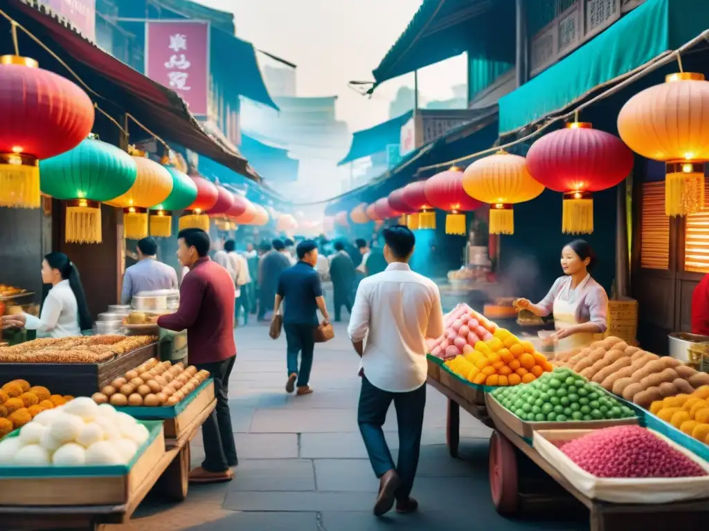 Un bullicioso mercado callejero en Asia con dulces callejeros asiáticos gourmet y una multitud diversa disfrutando de delicias coloridas