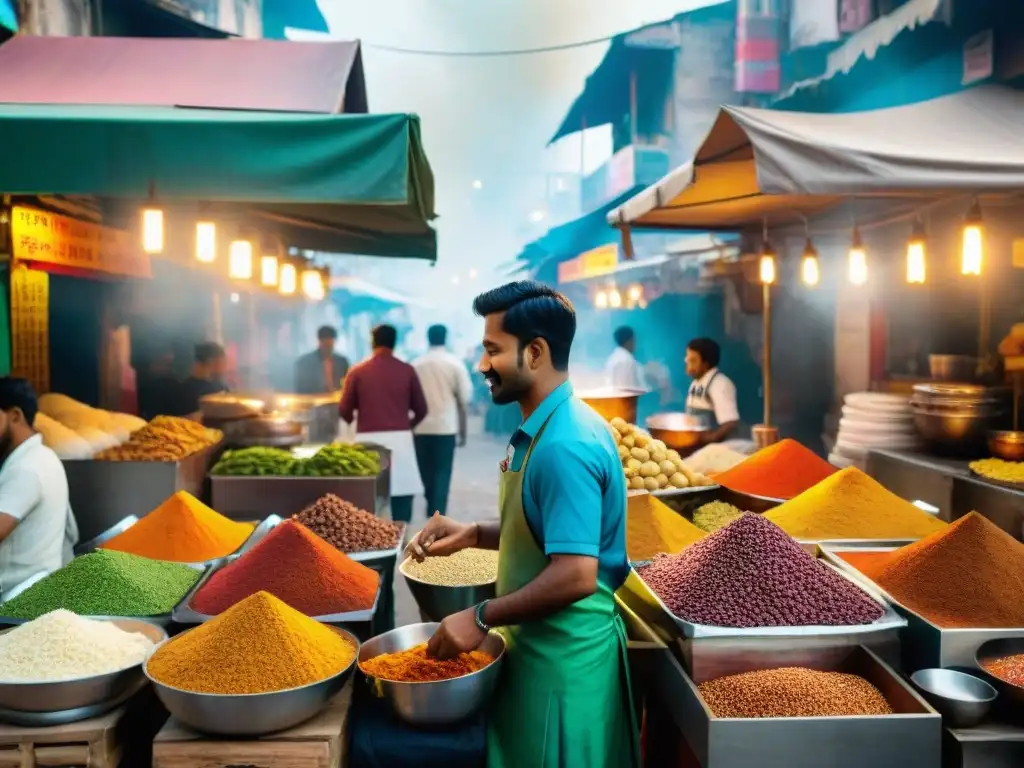 Un bullicioso mercado callejero en la India Occidental, rebosante de colores y sabores