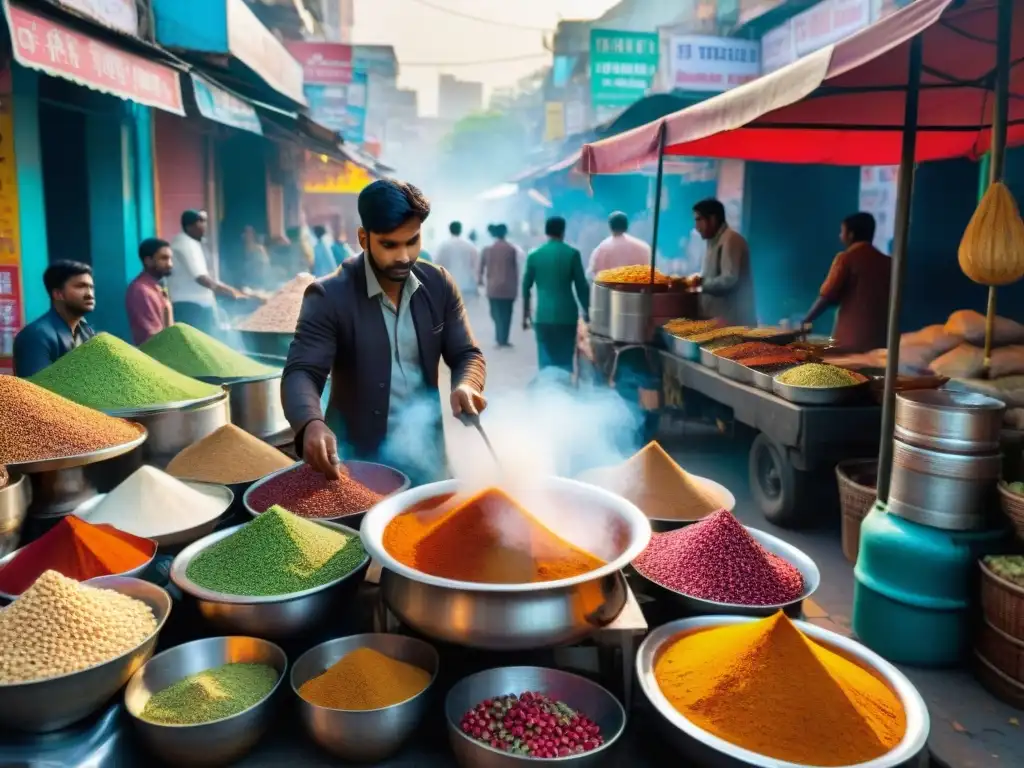 Un bullicioso mercado callejero indio con un chai wallah preparando chai indio calle gourmet profundidad