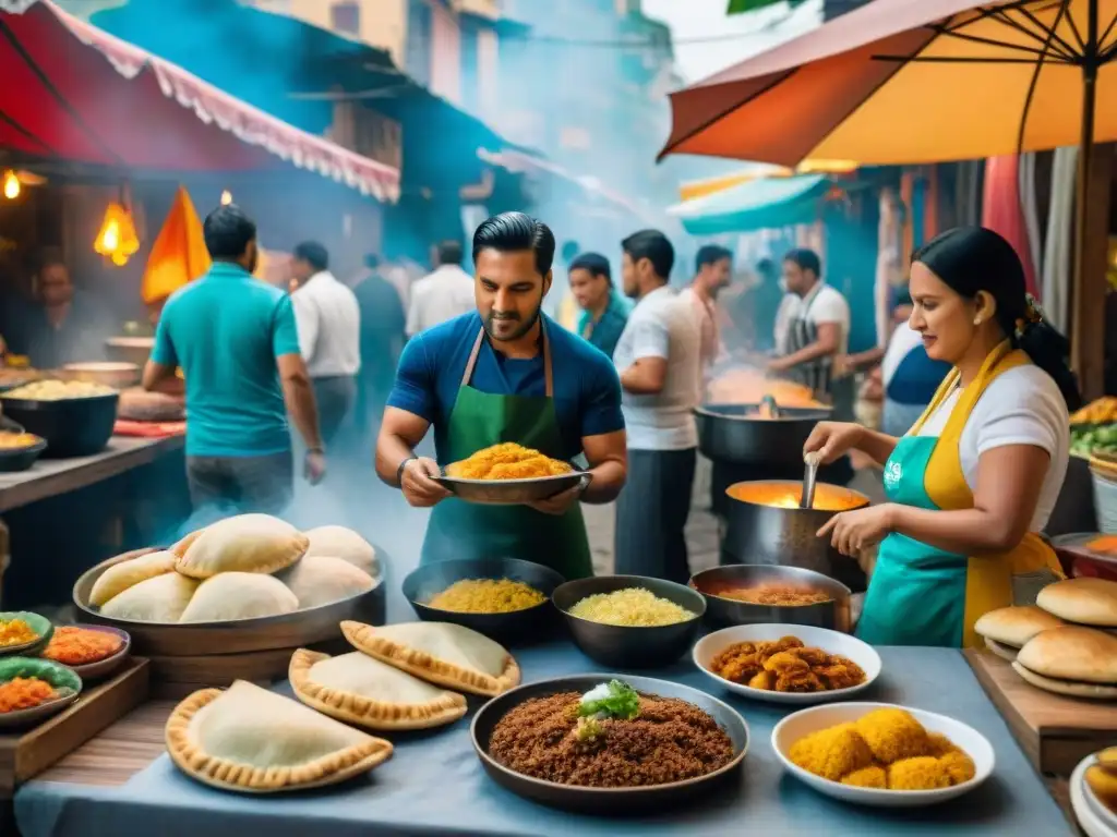 Un bullicioso mercado callejero en América Latina con coloridos puestos de comida y recetas tradicionales