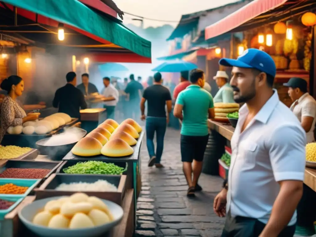 Un bullicioso mercado callejero en América Latina, con coloridos puestos de comida y chefs preparando platos tradicionales